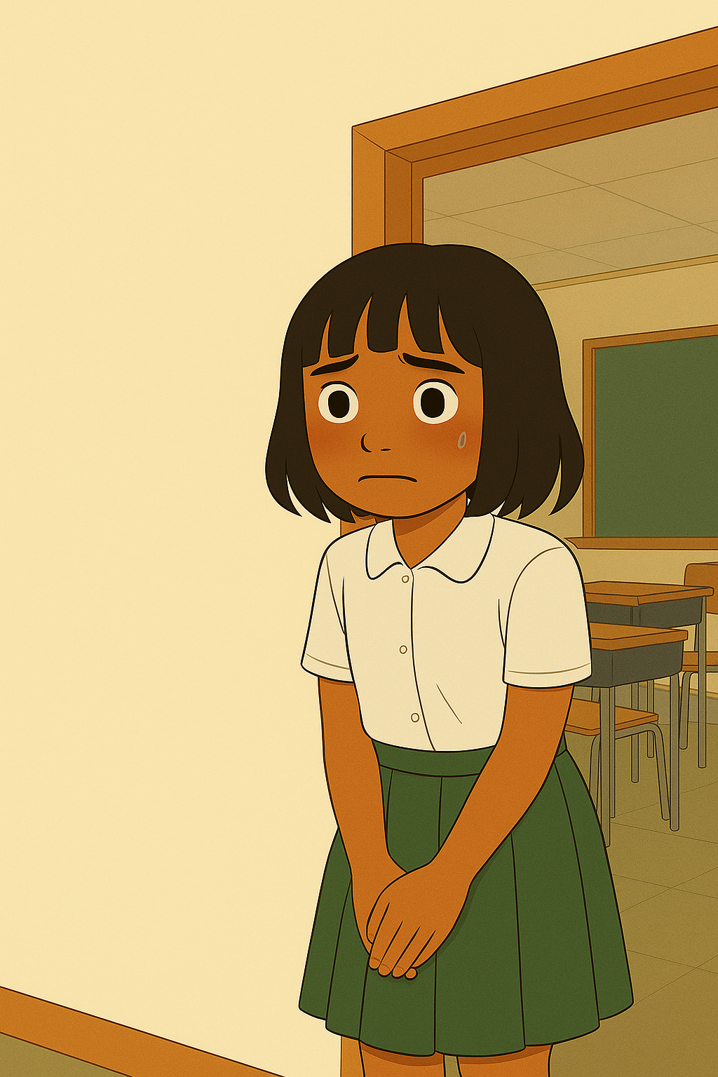 Bella, age 12, with short black hair and soft-colored clothes, looking shy and anxious outside her classroom with a gentle cartoon style