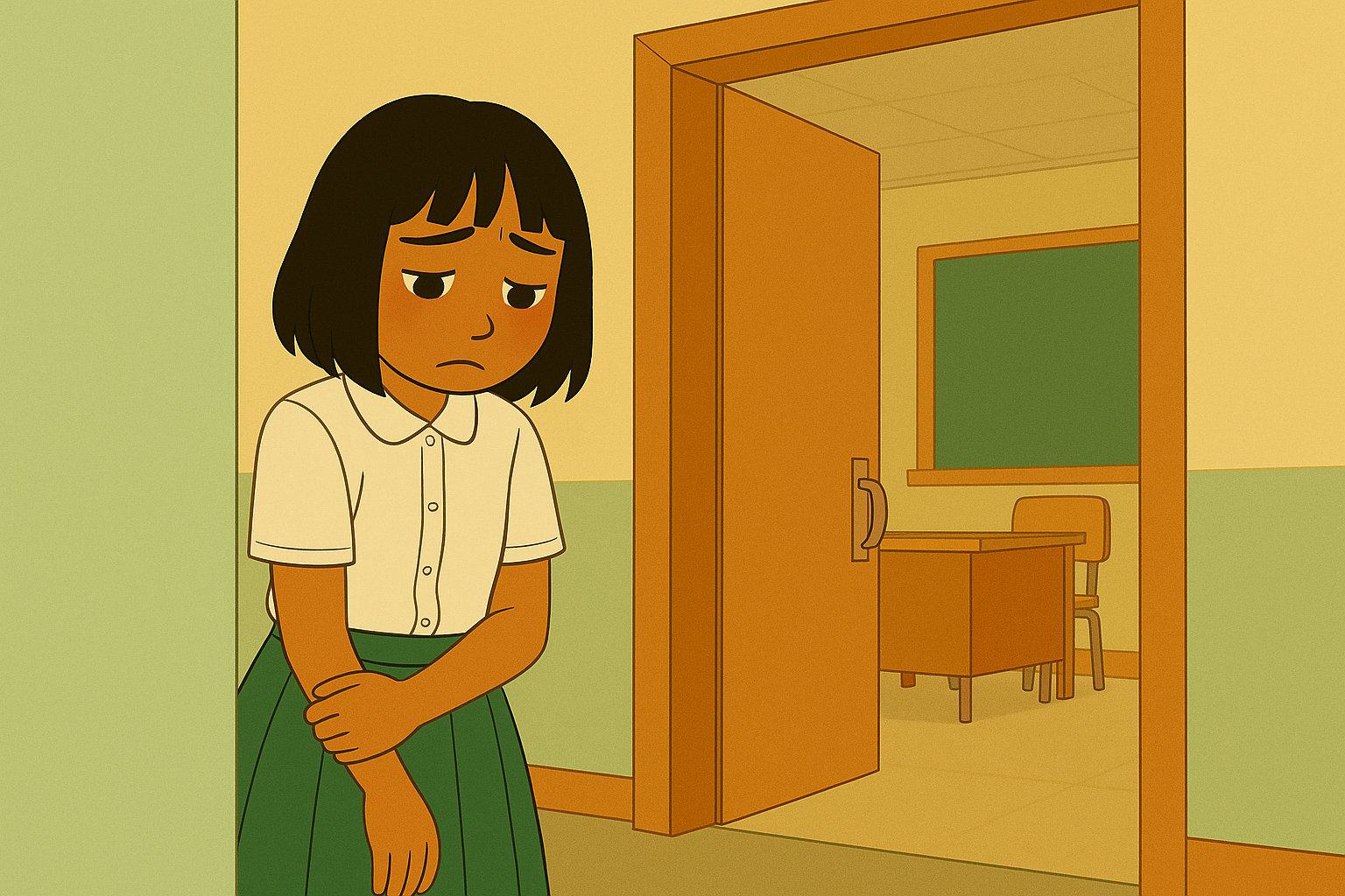 Bella hiding in the hallway looking nervous