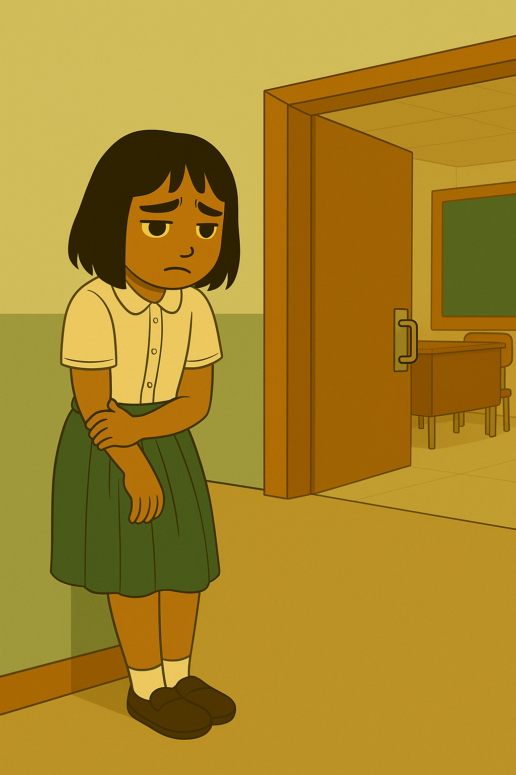 Bella sitting in the hallway, looking disappointed