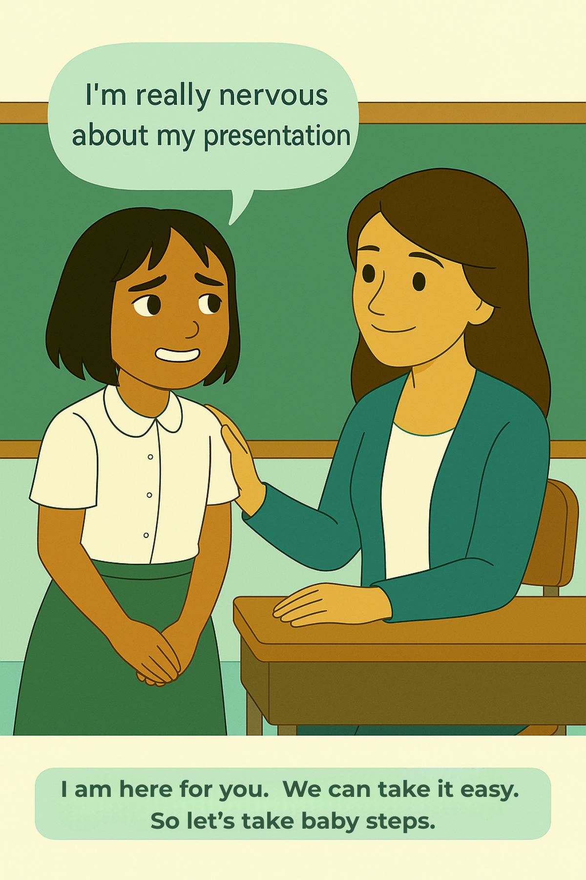 Bella sharing feelings with her teacher